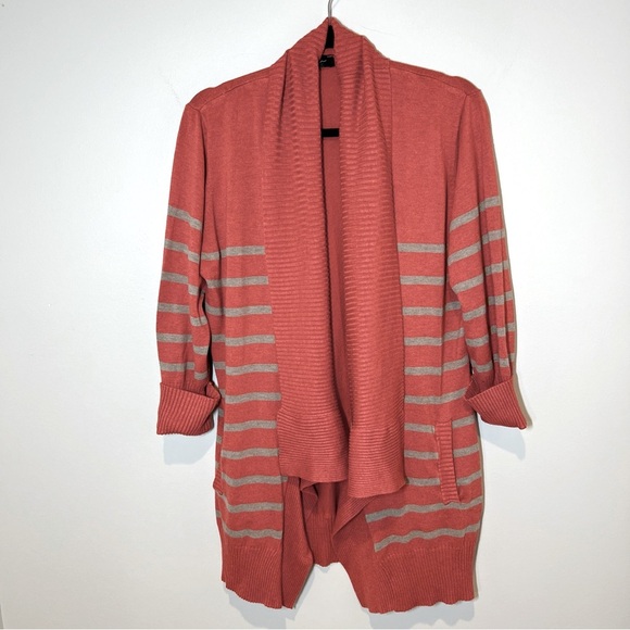 Womens Oversized Long Coral Tan Striped Knit Cardigan 3/4 Roll Sleeves Medium - Picture 1 of 16